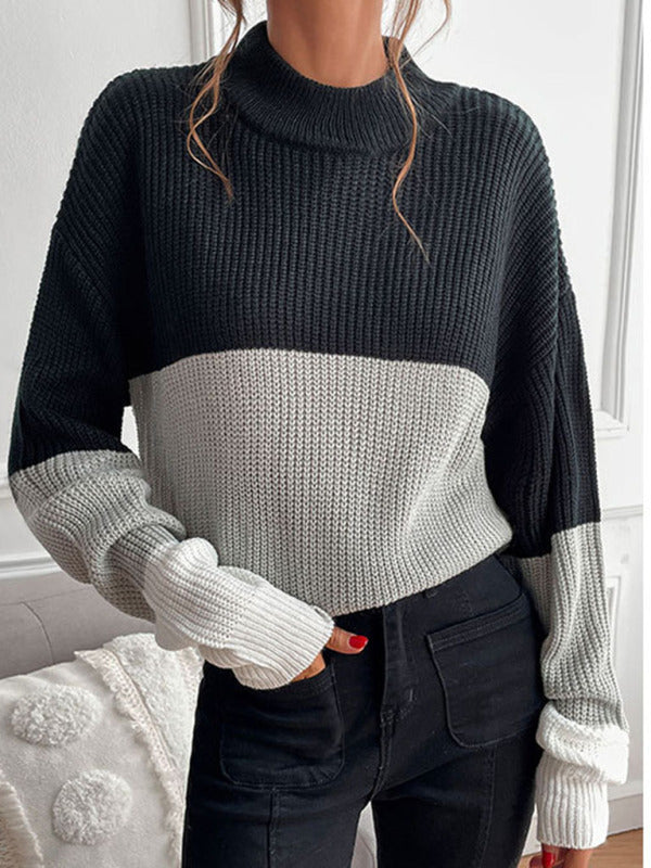 Women’s Fashionable Color Block Ombre Knit Sweater With High Neckline