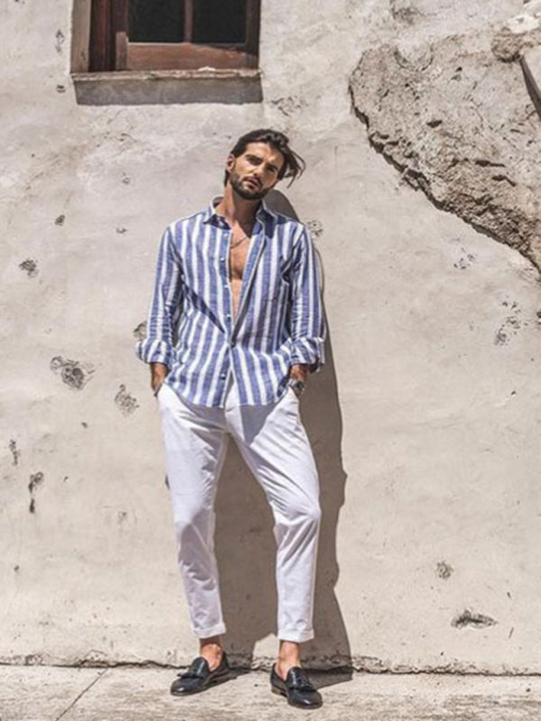 Men's casual comfortable lapel striped beach print long-sleeved shirt