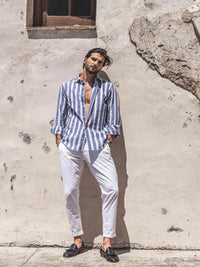 Men's casual comfortable lapel striped beach print long-sleeved shirt