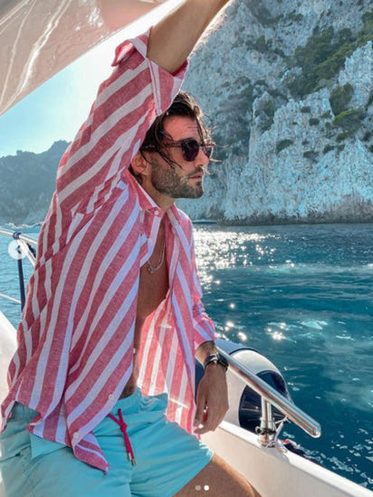 Men's casual comfortable lapel striped beach print long-sleeved shirt