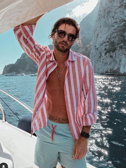 Men's casual comfortable lapel striped beach print long-sleeved shirt