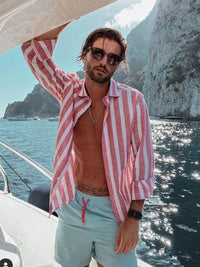 Men's casual comfortable lapel striped beach print long-sleeved shirt