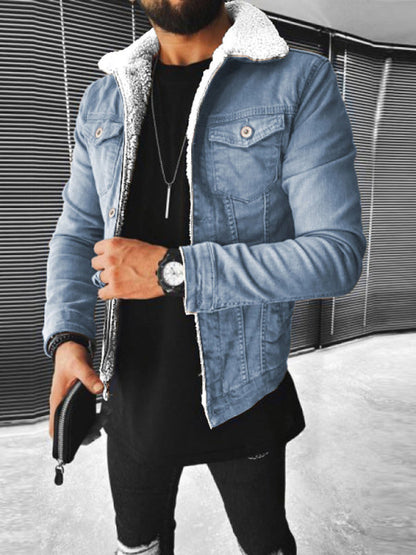 Plush Style Thickened Denim Men's Outer Jacket