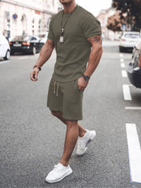 Men's Casual Solid Color Short Sleeve Shorts Two-Piece Set