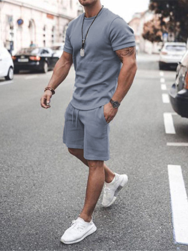 Men's Casual Solid Color Short Sleeve Shorts Two-Piece Set