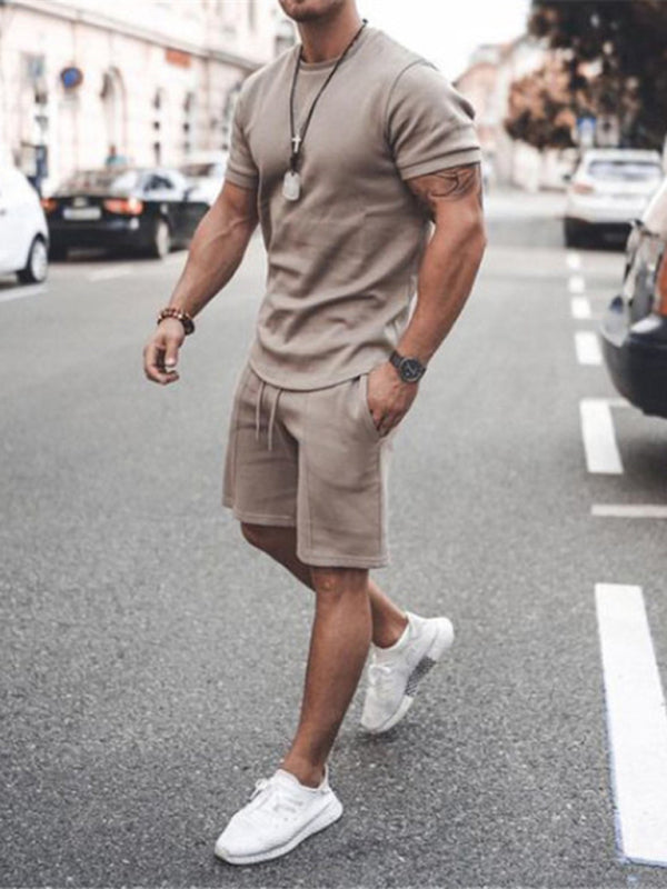 Men's Casual Solid Color Short Sleeve Shorts Two-Piece Set