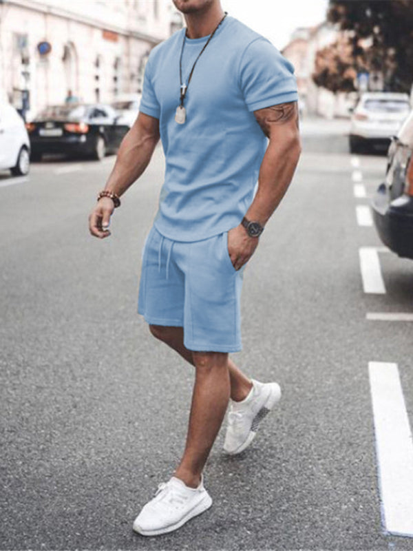 Men's Casual Solid Color Short Sleeve Shorts Two-Piece Set