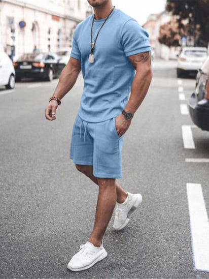 Men's Casual Solid Color Short Sleeve Shorts Two-Piece Set