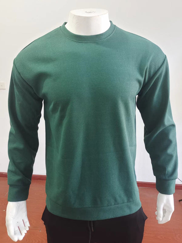 Men's solid color waffle all-match thin round neck long-sleeved sweater