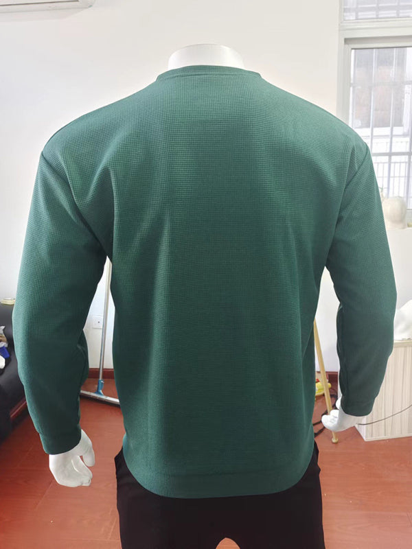 Men's solid color waffle all-match thin round neck long-sleeved sweater