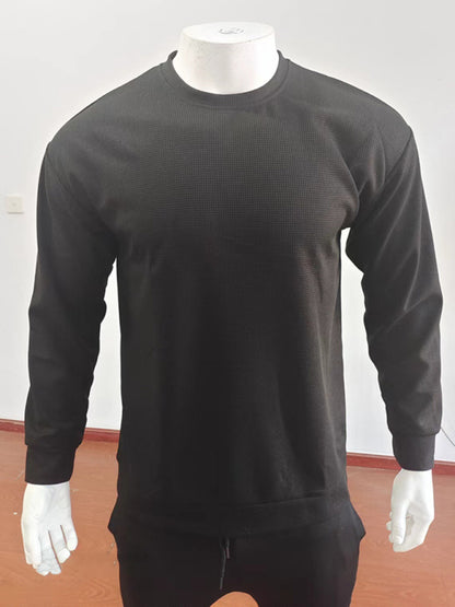 Men's solid color waffle all-match thin round neck long-sleeved sweater