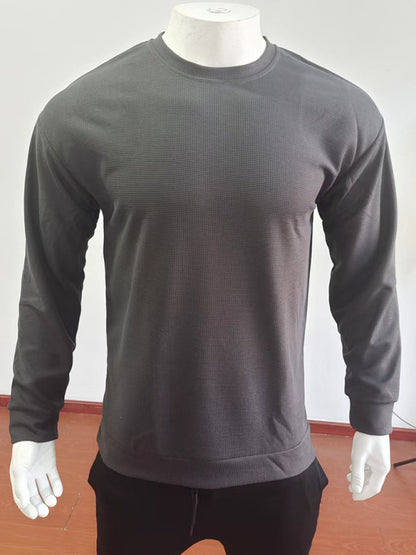 Men's solid color waffle all-match thin round neck long-sleeved sweater