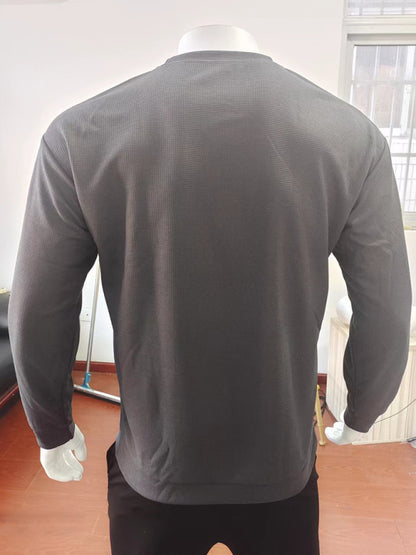 Men's solid color waffle all-match thin round neck long-sleeved sweater