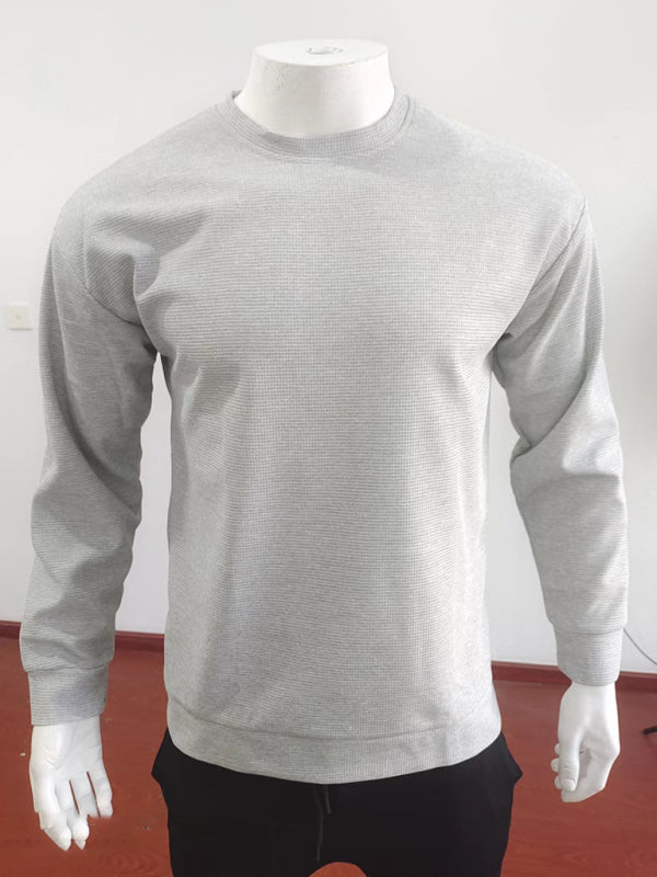 Men's solid color waffle all-match thin round neck long-sleeved sweater