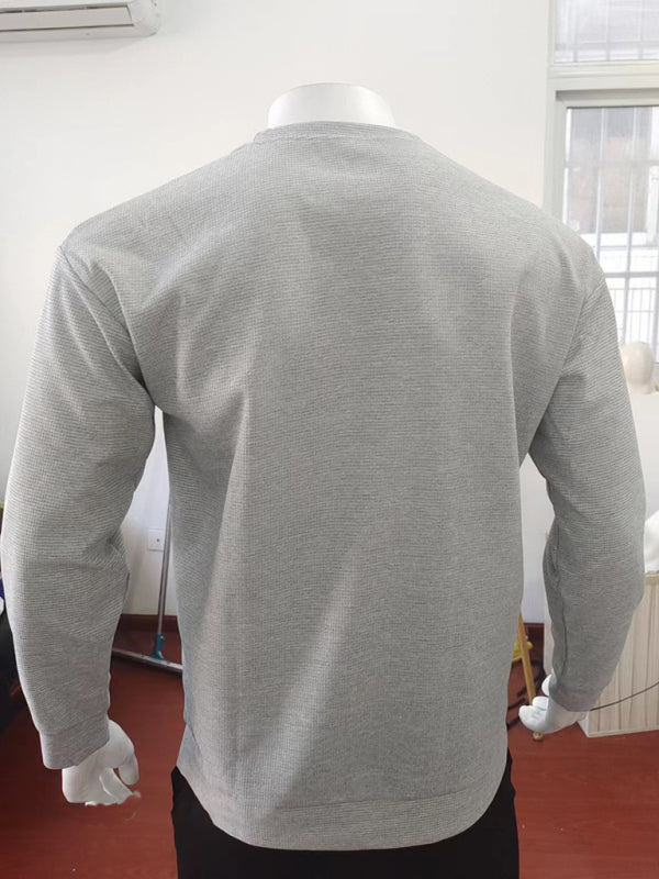 Men's solid color waffle all-match thin round neck long-sleeved sweater