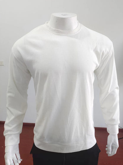 Men's solid color waffle all-match thin round neck long-sleeved sweater