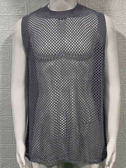 Men's Solid Color Round Neck Sleeveless Hollow Knitted Vest