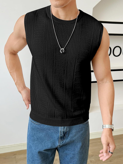 Men's new solid color sweater fashionable sleeveless top hollow breathable round neck casual vest