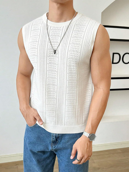 Men's new solid color sweater fashionable sleeveless top hollow breathable round neck casual vest