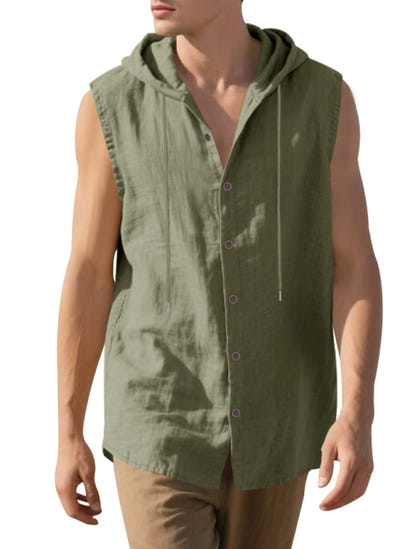Men's Casual Sleeveless Waistcoat Shirt Linen Hooded Solid Color Breathable Loose Top
