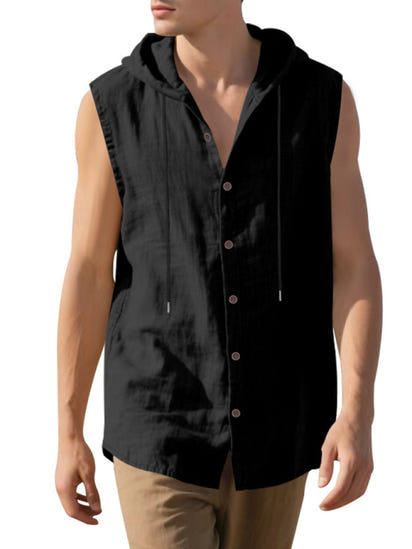 Men's Casual Sleeveless Waistcoat Shirt Linen Hooded Solid Color Breathable Loose Top