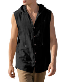 Men's Casual Sleeveless Waistcoat Shirt Linen Hooded Solid Color Breathable Loose Top