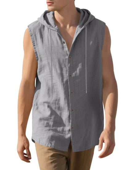 Men's Casual Sleeveless Waistcoat Shirt Linen Hooded Solid Color Breathable Loose Top