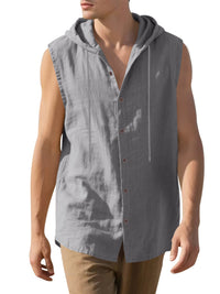 Men's Casual Sleeveless Waistcoat Shirt Linen Hooded Solid Color Breathable Loose Top