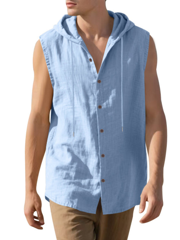Men's Casual Sleeveless Waistcoat Shirt Linen Hooded Solid Color Breathable Loose Top
