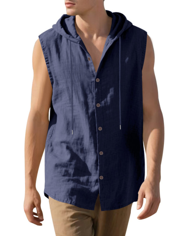 Men's Casual Sleeveless Waistcoat Shirt Linen Hooded Solid Color Breathable Loose Top