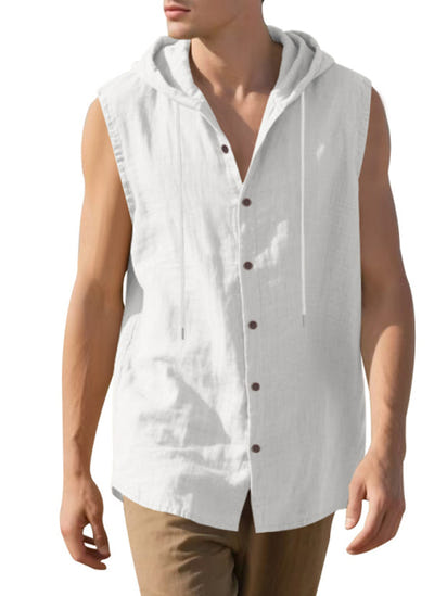 Men's Casual Sleeveless Waistcoat Shirt Linen Hooded Solid Color Breathable Loose Top