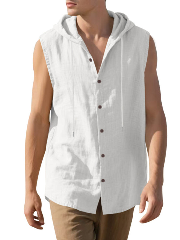 Men's Casual Sleeveless Waistcoat Shirt Linen Hooded Solid Color Breathable Loose Top