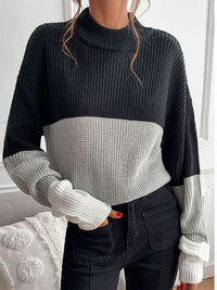 Women’s Fashionable Color Block Ombre Knit Sweater With High Neckline