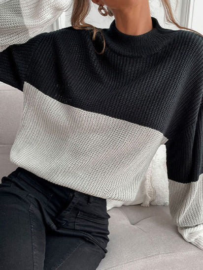 Women’s Fashionable Color Block Ombre Knit Sweater With High Neckline