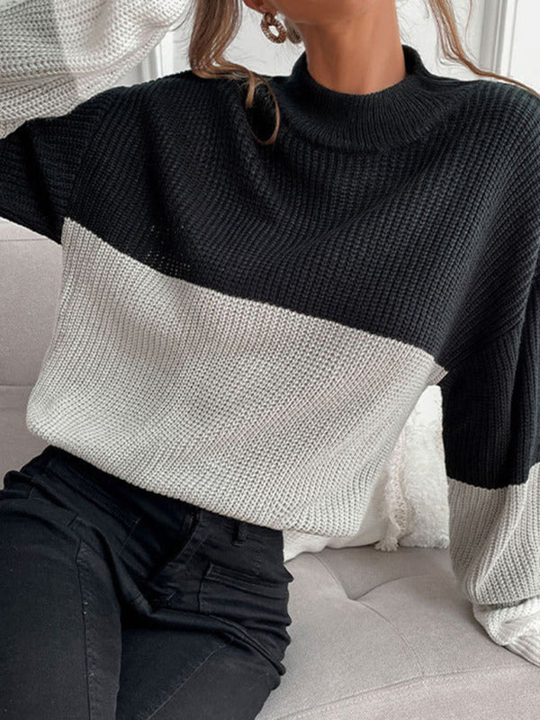 Women’s Fashionable Color Block Ombre Knit Sweater With High Neckline