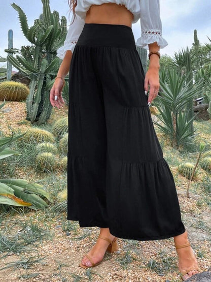 Pantalones de mezcla suave de pierna ancha escalonada de color sólido para mujer 