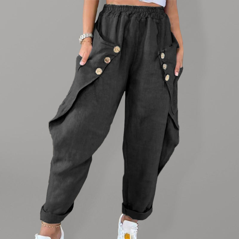 Pantalones cargo de paquete de botones de murciélago de mezcla suave de color sólido para mujer 