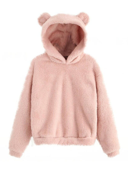 Fur bunny ear hooded warm sweatshirt