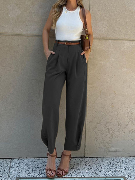 Women's Fashionable Solid Color Loose High Waist Nine-Point Suit Pants