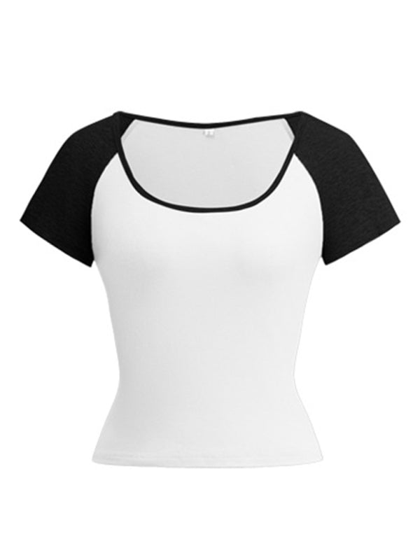 Y2K Sexy Slim Fit U-Neck Contrast Color Short Sleeve Top Women's T-Shirt