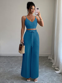 Peacock Blue Suspender Vest Wide Leg Pants Two-Piece Set