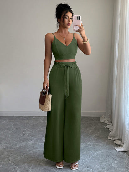 Army Green Suspender Vest Wide Leg Pants Two-Piece Set