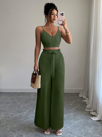 Army Green Suspender Vest Wide Leg Pants Two-Piece Set
