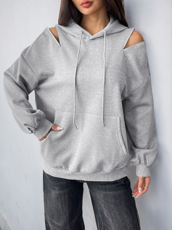 Long Sleeve Off-Shoulder Hooded Pullover Sweatshirt