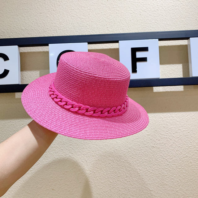 Macaron color straw hat sun hat flat top Korean fashion color chain with top hat acrylic beach hat candy color sun hat - Shop Cute Buys