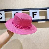 Macaron color straw hat sun hat flat top Korean fashion color chain with top hat acrylic beach hat candy color sun hat - Shop Cute Buys