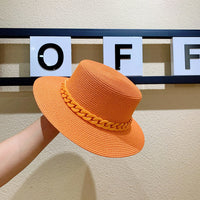 Macaron color straw hat sun hat flat top Korean fashion color chain with top hat acrylic beach hat candy color sun hat - Shop Cute Buys