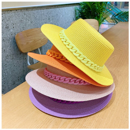 Macaron color straw hat sun hat flat top Korean fashion color chain with top hat acrylic beach hat candy color sun hat - Shop Cute Buys