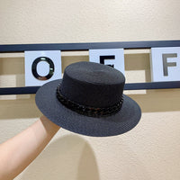 Macaron color straw hat sun hat flat top Korean fashion color chain with top hat acrylic beach hat candy color sun hat - Shop Cute Buys