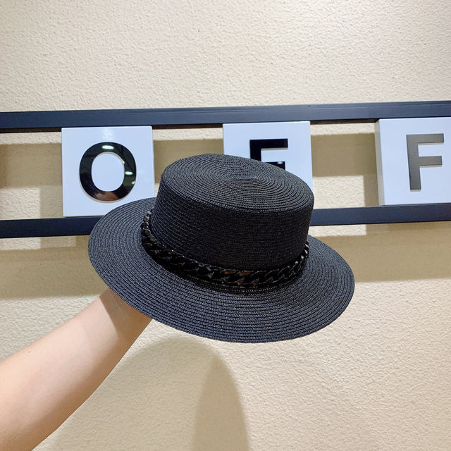 Macaron color straw hat sun hat flat top Korean fashion color chain with top hat acrylic beach hat candy color sun hat - Shop Cute Buys